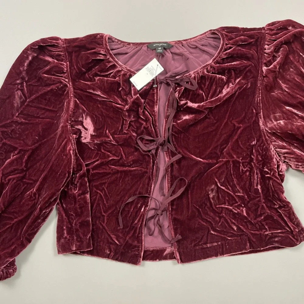 Banana Republic Velvet Tie Front Puff Sleeve Top Burgundy Retail $110